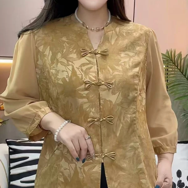 夏季新款气质中式洋气减龄网红时尚百搭复古妈妈装宽松印花上衣