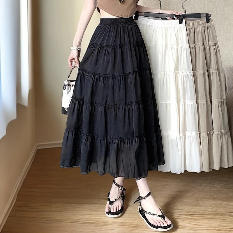 杏色网纱半身裙女夏赫本风中长款A字显瘦蛋糕裙高腰垂感大摆伞裙