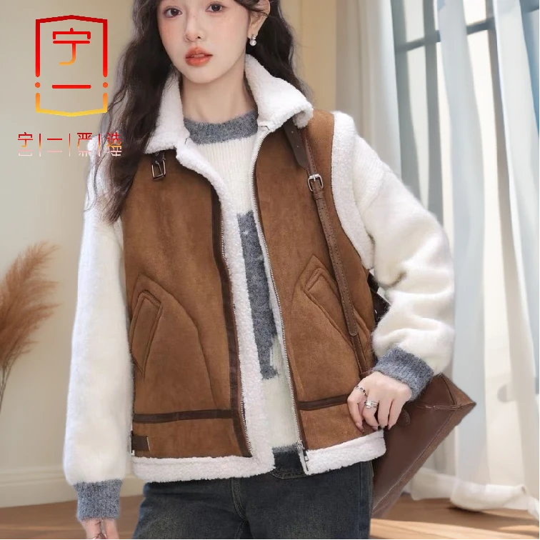 【宁一女装】秋冬新款皮毛抓绒一体马甲拼接休闲保暖加厚背心外套