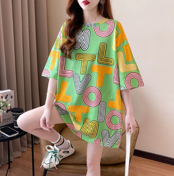 2025春夏季大码圆领宽松中长款百搭短袖T恤（497）印花潮流显瘦