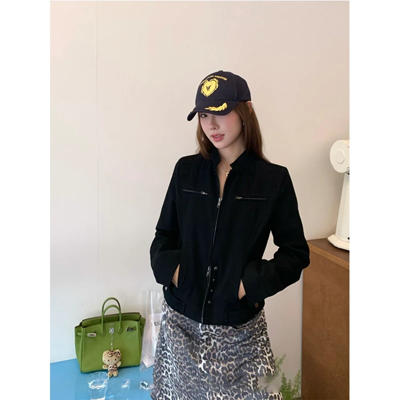 黑色新款韩系时尚简约百搭短款圆领长袖拉链外套女2025早秋新款潮