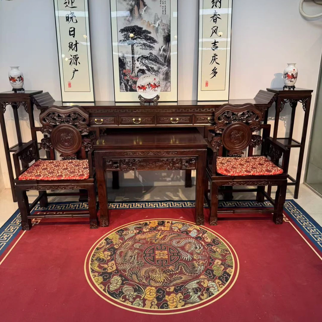麒麟带抽中堂四六件套八仙桌雕花神台实木条案供桌案农村堂屋家用