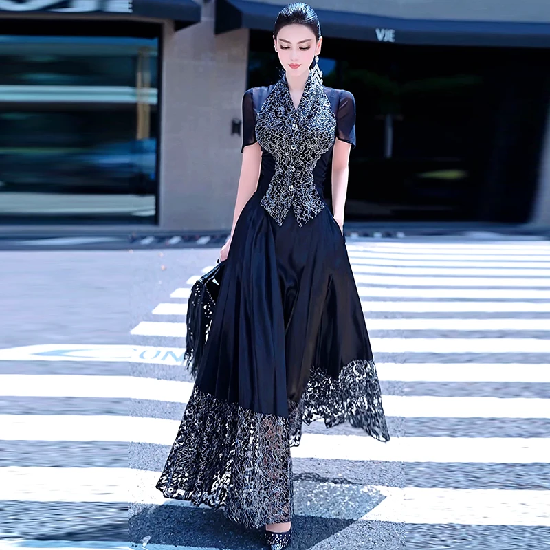 夏季蕾丝网纱撞色拼接上衣马面裙两件套2025新款原创设计感套装