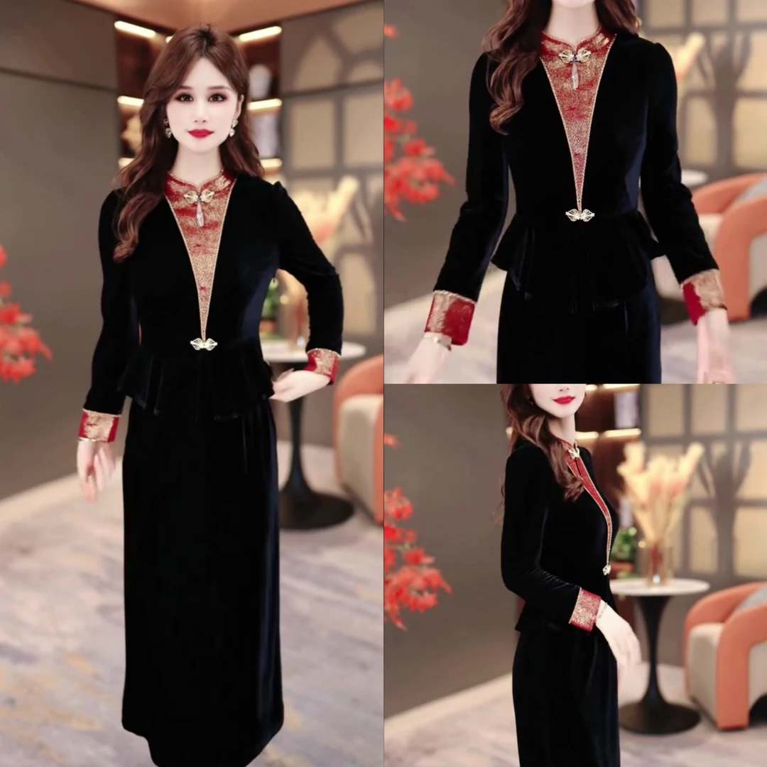 冬季黑色拼接连衣裙2025新款显瘦修身气韩版质遮肚裙子MY25Y3077