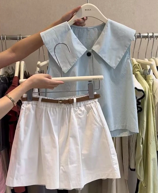 纯色休闲洋气时尚衬衫学生夏季阔腿裤时尚套装休闲风一整套