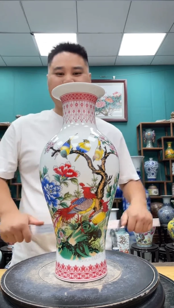 摆件牡丹双凤鱼尾陶瓷摆件