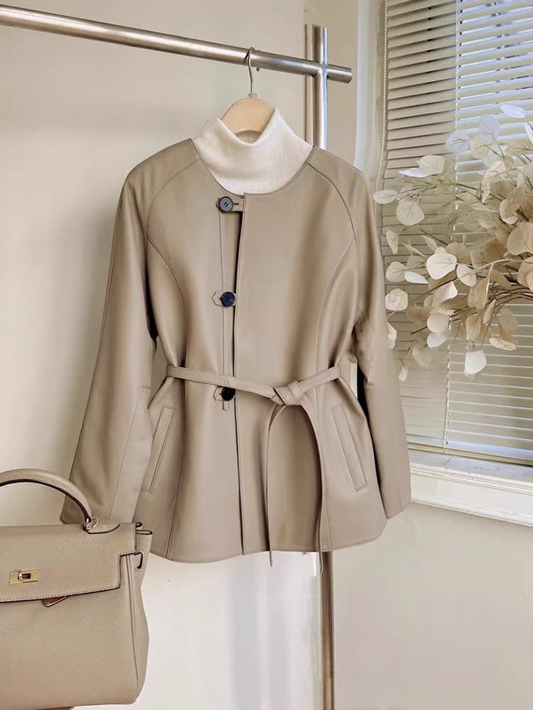 2025春装新款欧货爆款高端真皮皮衣高级感卡其色收腰短外套女-066