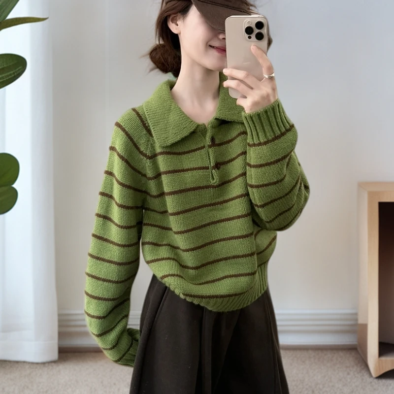 高级复古POLO领条纹毛衣2025秋季新款气质百搭显瘦宽松上衣小衫女