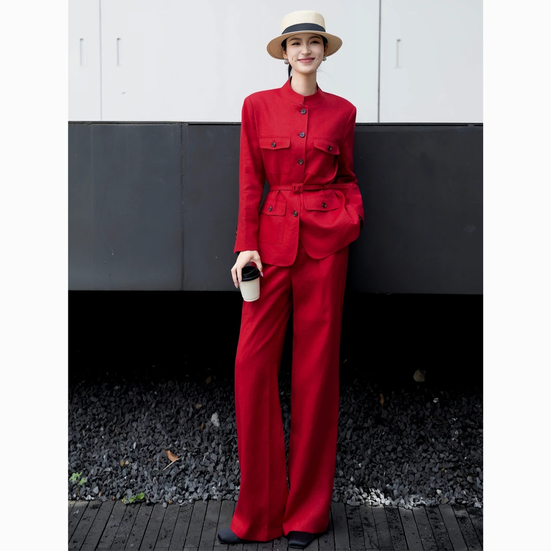 ZEROYK法式轻奢职业套装女神气质100分亚麻工装阔腿裤通勤两件套