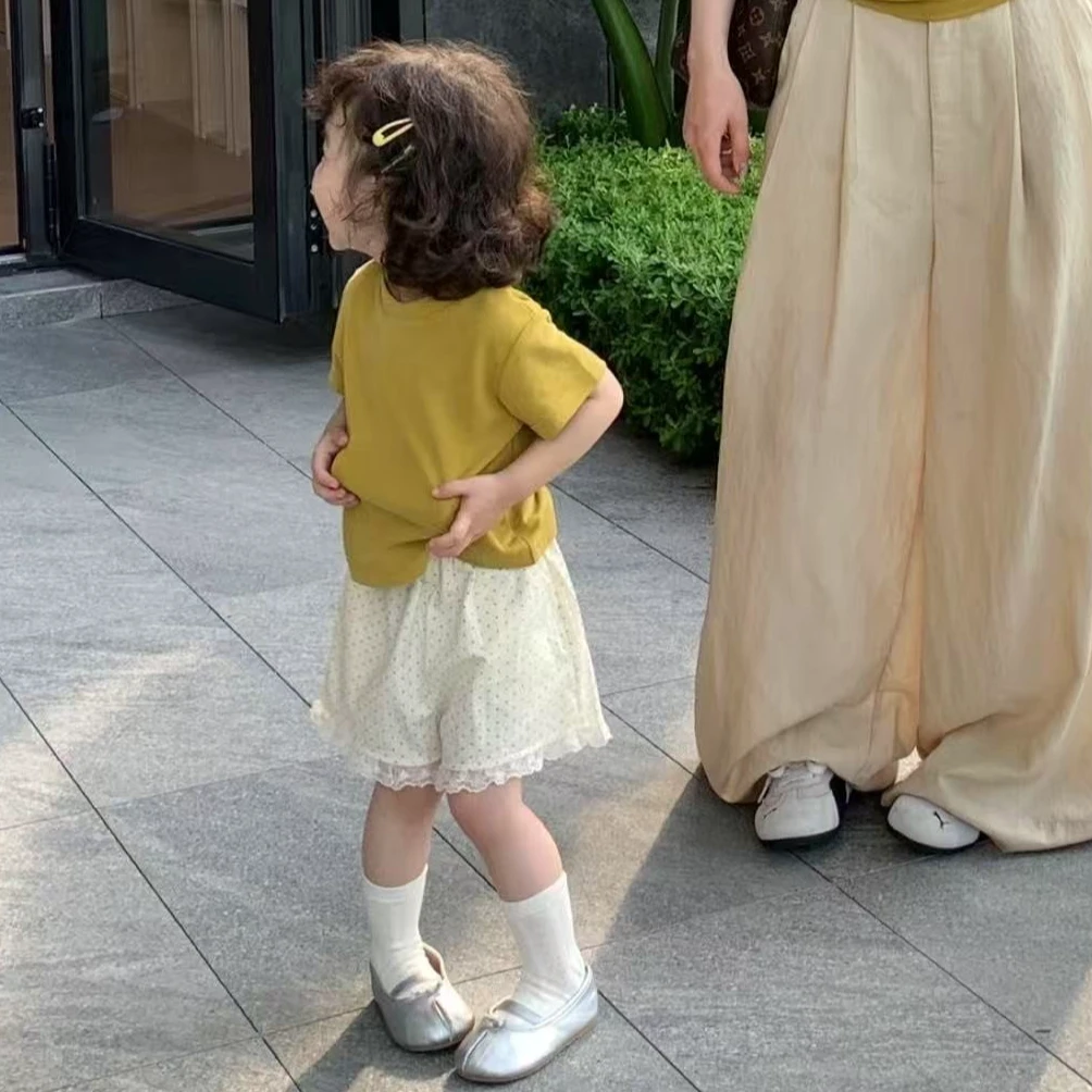 壹妈韩范童装女童时髦套装夏季新款洋气女宝百搭黄色短袖波点短裤