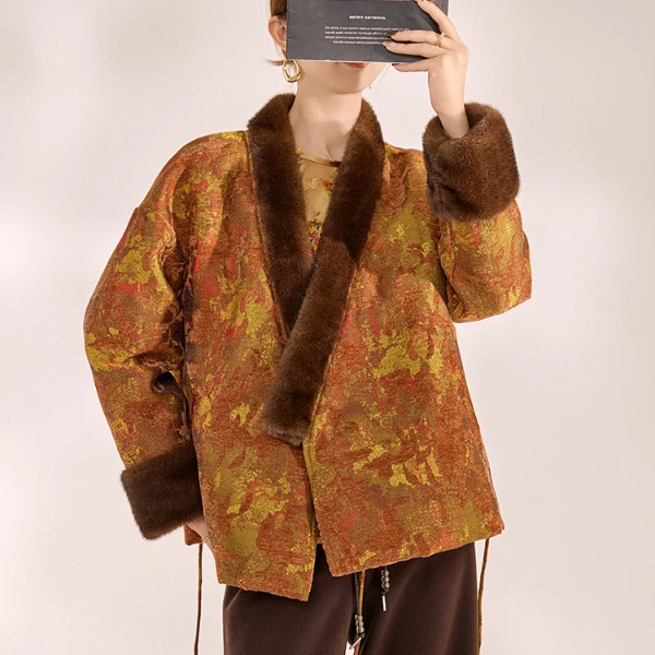 秋季国风新中式时尚毛毛上衣复古刺绣提花高端羽绒棉服外套 MY018