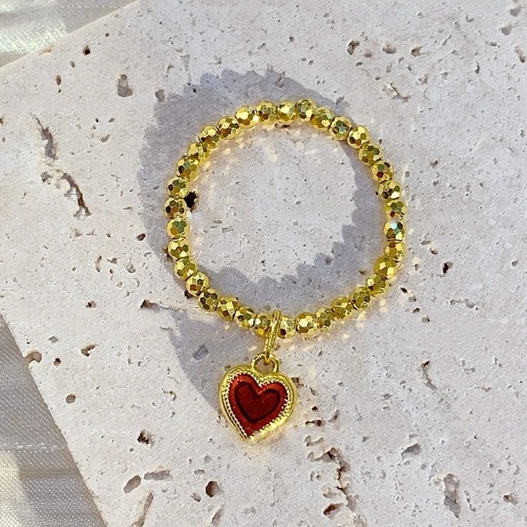 铜合金戒指 古法爆闪戒指蹦迪珠烧蓝爱心小吊坠编织金色指环饰品