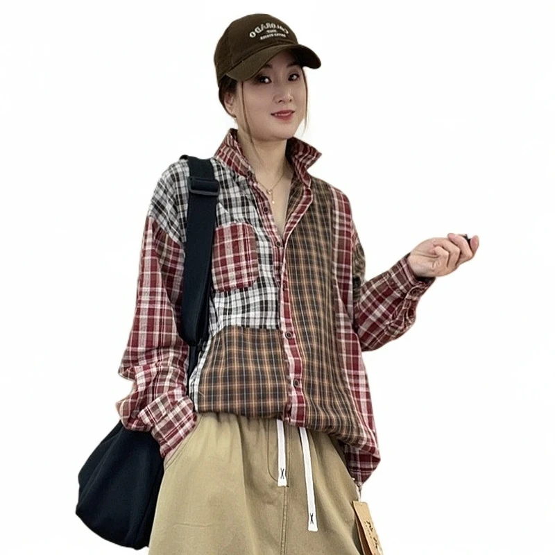 5776#休闲百搭春季时尚显瘦格纹宽松拼接衬衫