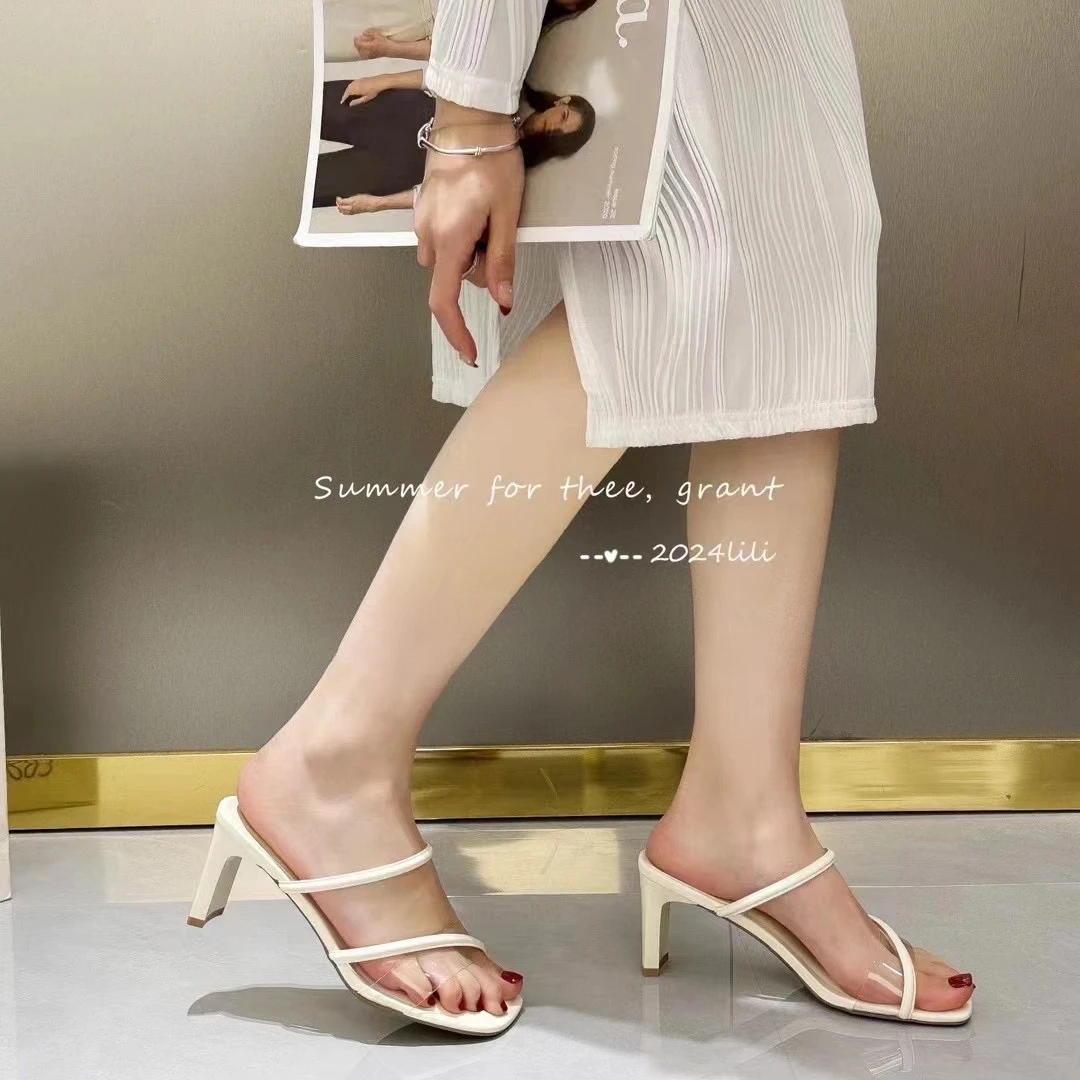 法式方头凉拖鞋细跟气质一字带仙女风高跟露趾透明简约优雅凉鞋