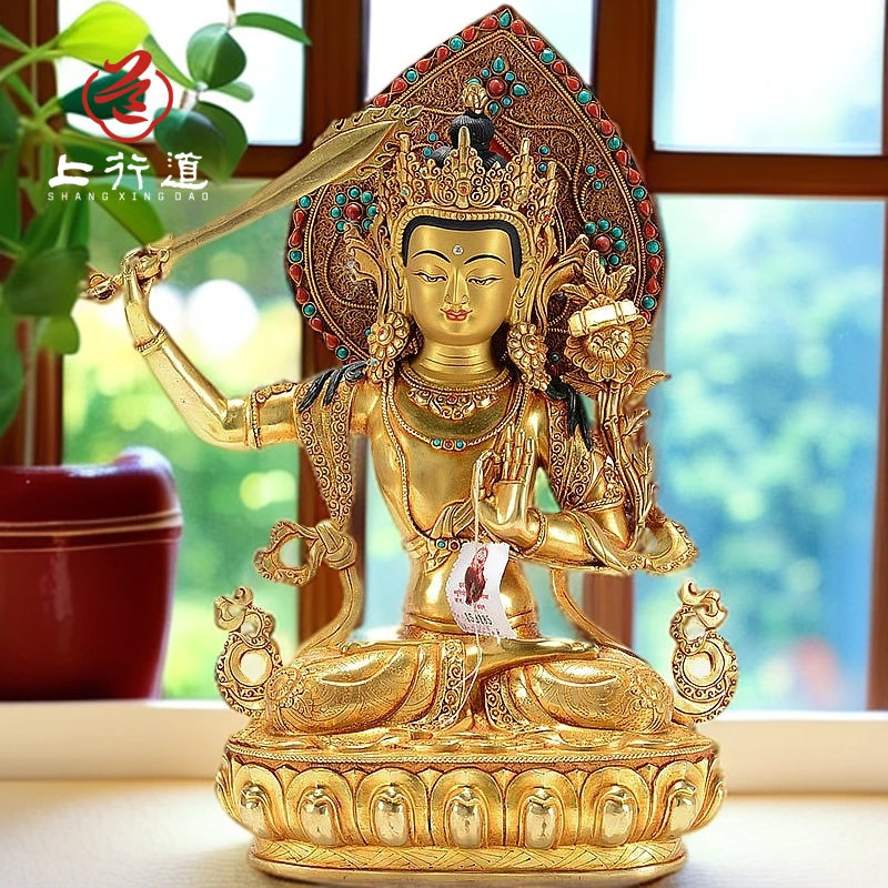 上行道摆件普贤文殊铜像尼泊尔手工铜具鎏金藏传密宗文殊造像12寸