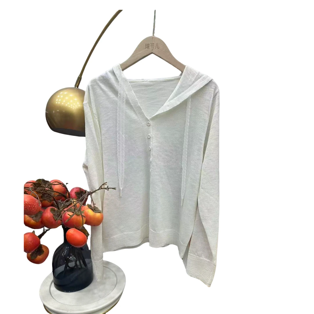 宽松微透连帽针织防晒开衫女2025夏季新款单排扣薄款显瘦外套上衣