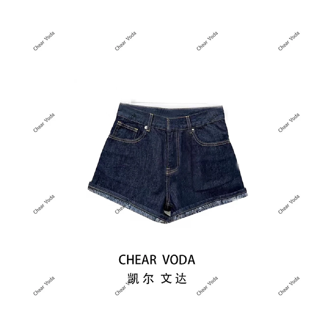 5316时尚休闲翻边印花牛仔短裤高腰百搭短裤