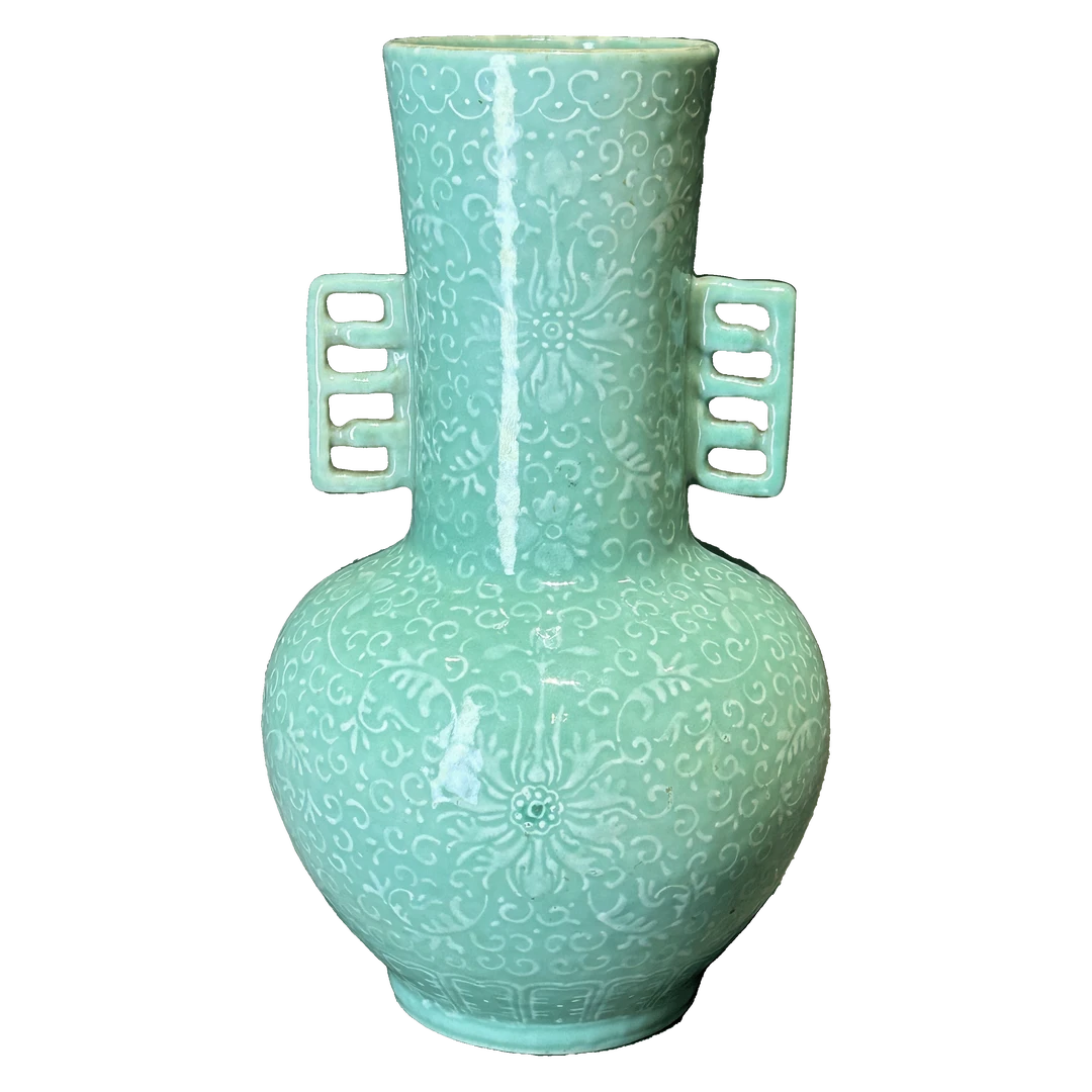 25030815x天蓝釉堆白缠枝莲纹双耳樽