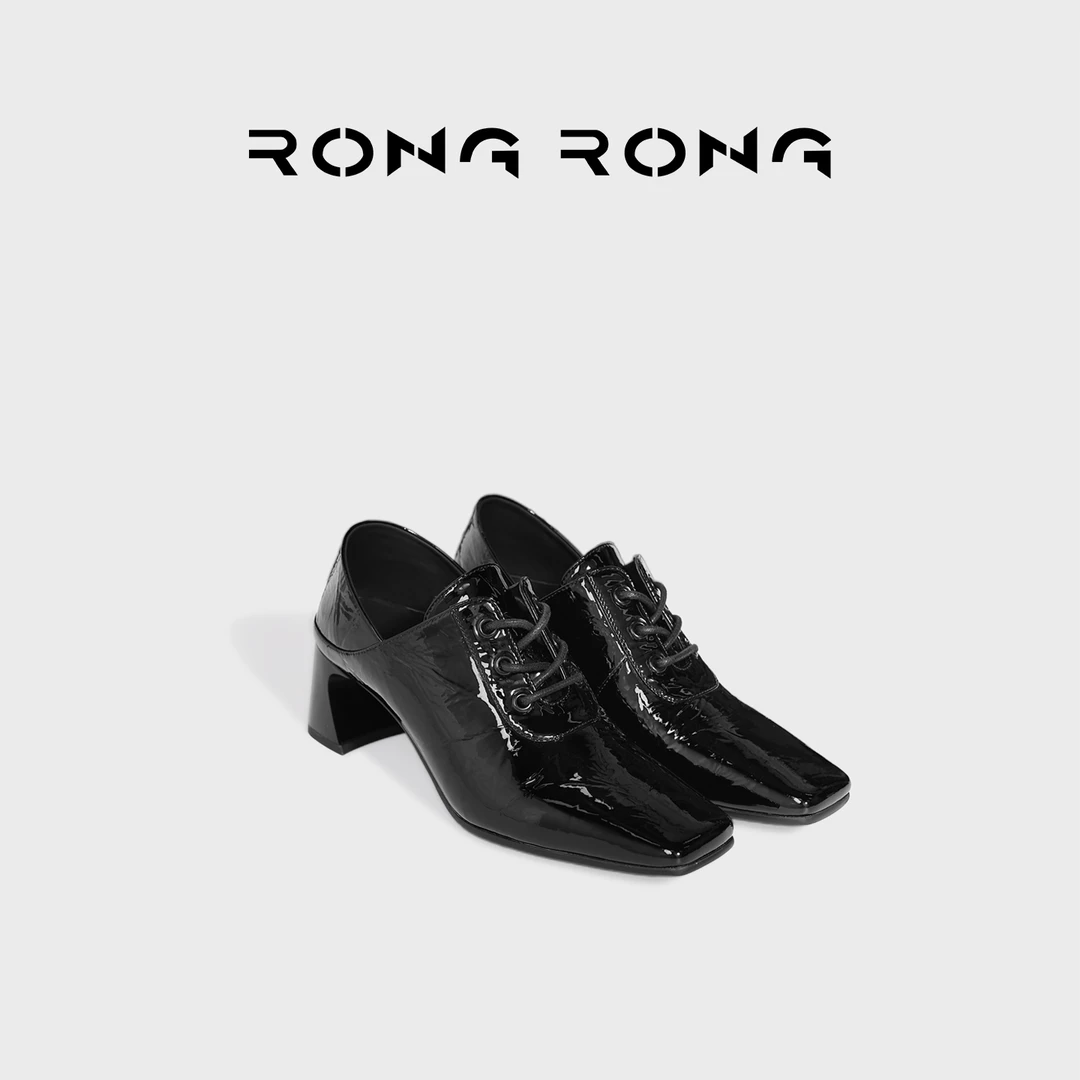 溶溶RONGRONG 手抓纹漆牛皮内里垫脚羊皮方头高跟单鞋S25998-02