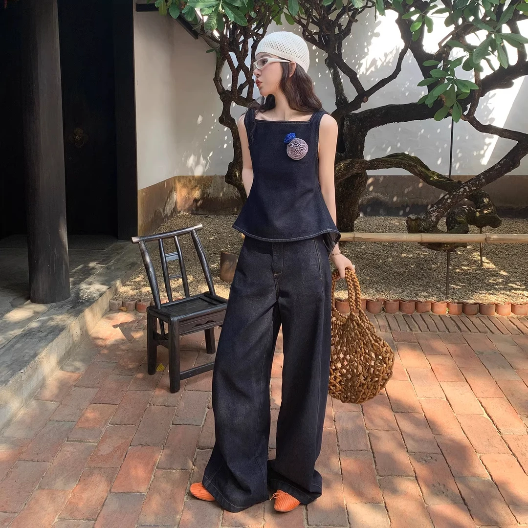 复古休闲高级感牛仔后背镂空绑带背心原色直筒牛仔阔腿裤套装女