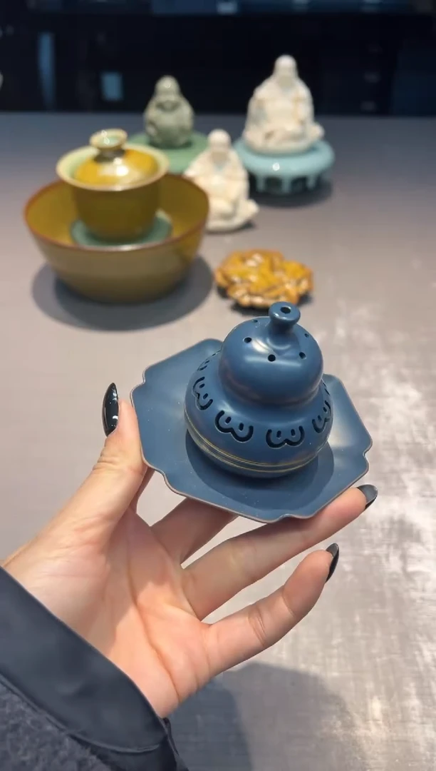 【闪购商品】茶盏葫芦香炉加杯垫 蓝色