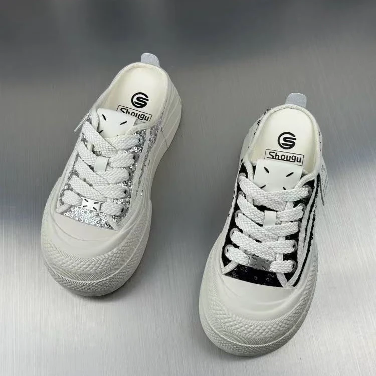 1336半拖银色厚底饼干鞋女2025春夏季新韩版亮片小个子外穿包头拖