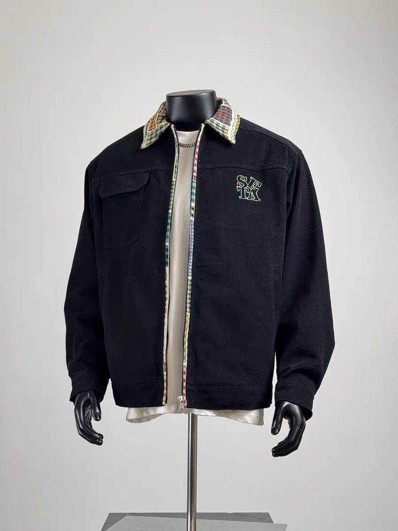 民族风撞色休闲夹克春秋拼接渐变收口袖翻领黑色男款秋冬外套百搭