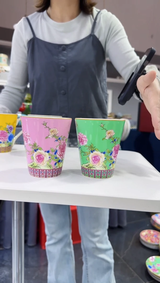 珐琅 牡丹花卉杯子2只装景德镇陶瓷