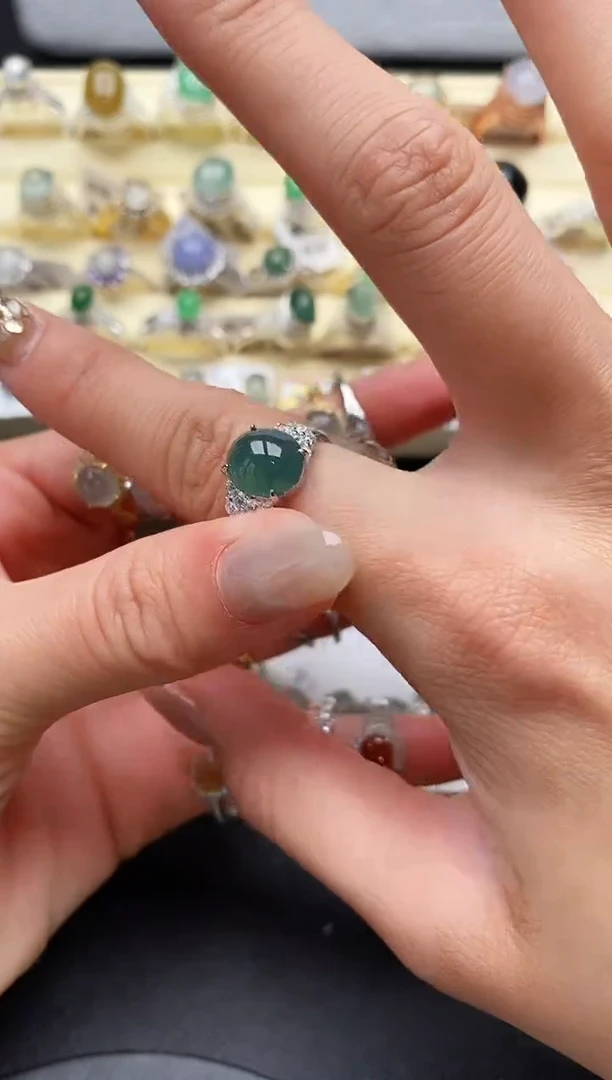 【闪购商品】翡翠戒指银S925镶嵌缅甸天然A货翡翠222   5-