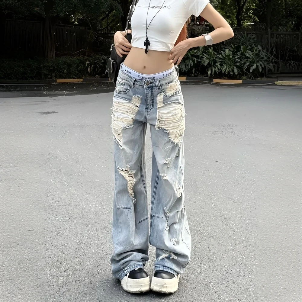 美式辣妹小众时尚痞帅破洞牛仔裤女2025新款炸街风百搭直筒阔腿裤