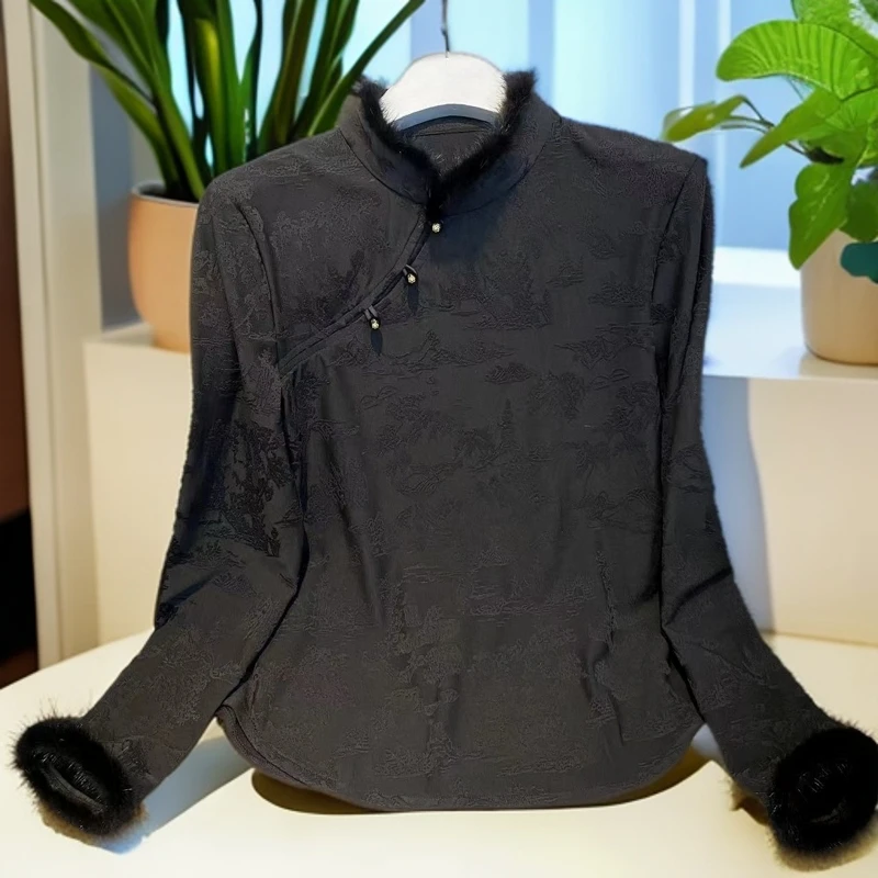22C237新中式雕花拉绒玉石扣水貂毛立领衬衫