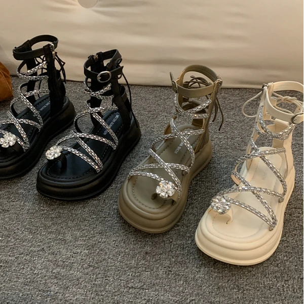 贾不假厚底罗马凉鞋女款2025夏季网红爆款配裙子镂空编织高帮凉靴