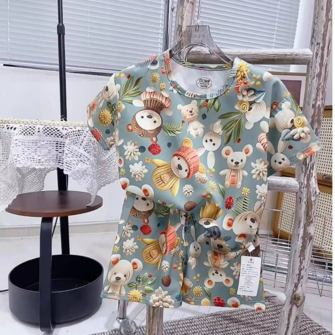 夏季新款男女童休闲卡通短袖裤子家居服套装两件薄款满印速干