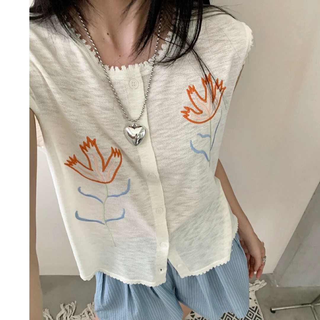 档口款～【富贵花】花边圆领刺绣开衫马甲无袖针织上衣背心 058