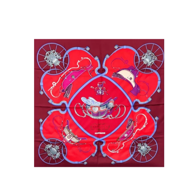全新未使用 Hermes/爱马仕 【小花念念】“春日马车 90方巾 红色