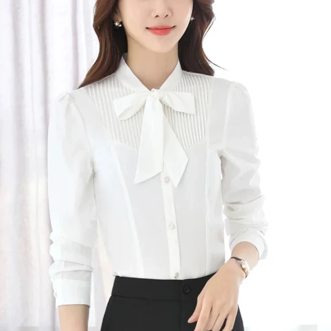 Z001-114新款时尚百搭系带领灯笼袖衬衫单排扣长袖简约百搭上衣