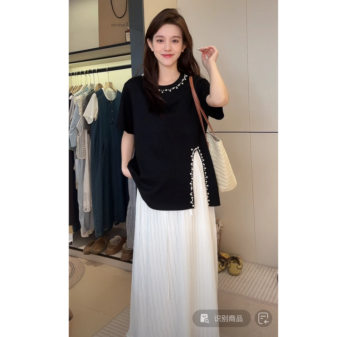 YNVO时尚~2025夏季新品珍珠开衩T恤+猪鼻扣百褶a字裙孕妇套装