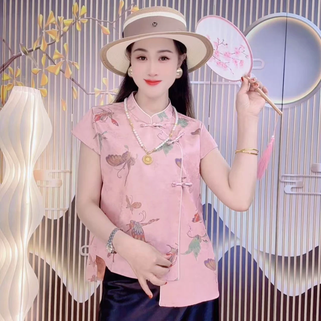 彩蝶新中式国风夏季高级感短袖小衫百搭上衣