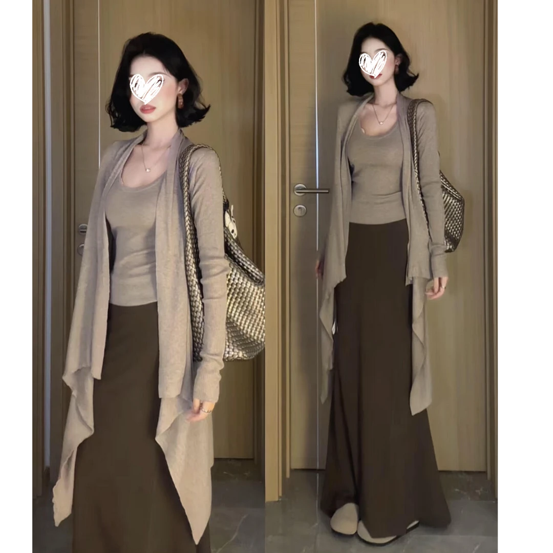 温柔慵懒气质不规则针织开衫背心半身裙套装