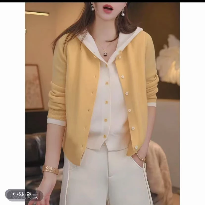 连帽假两件春秋新款韩版设计感撞色减龄气质针织衫9007