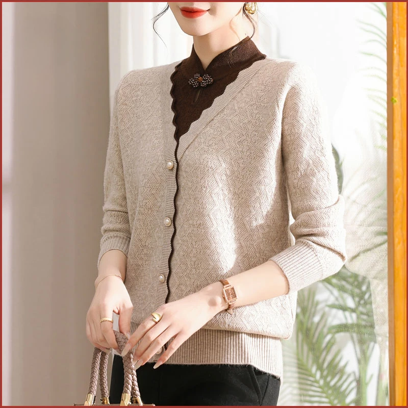 妈妈打底衫春季上衣女式加绒针织衫外穿中老年秋冬保暖毛衣两件套