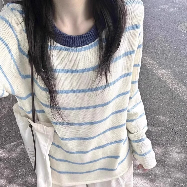 撞色条纹长袖针织衫女春秋小众设计感韩系宽松慵懒风松弛圆领上衣