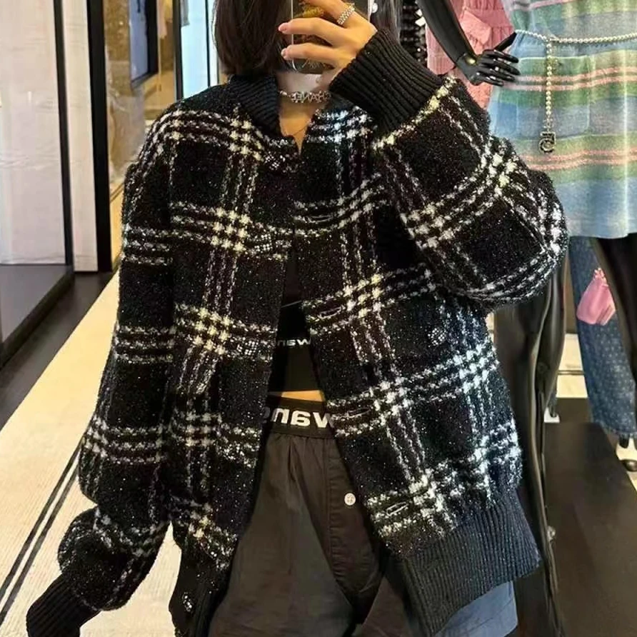 99新 Chanel/香奈儿 36码 黑色拼白色拼卡其色 格子 长袖编织外套