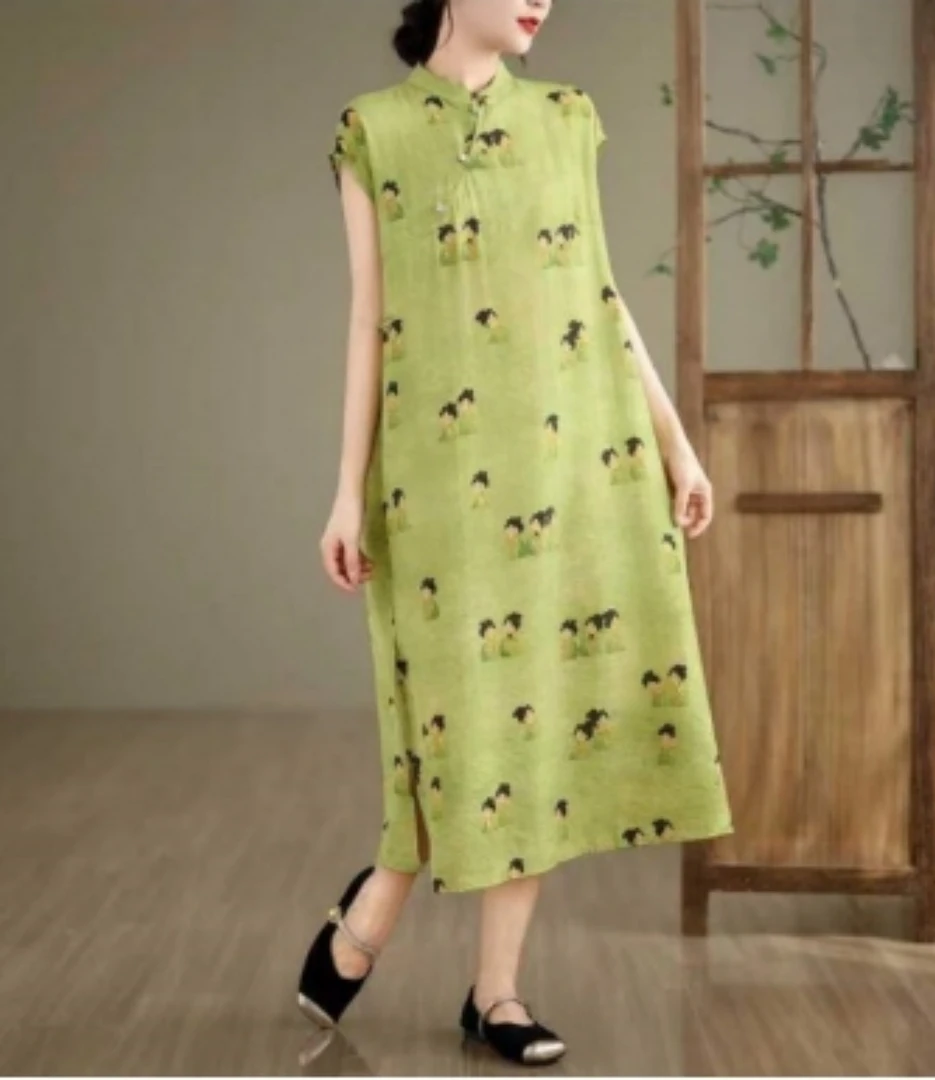 「气质国风」2025夏新款薄款斜襟盘扣设计棉绸连衣裙O-Q392