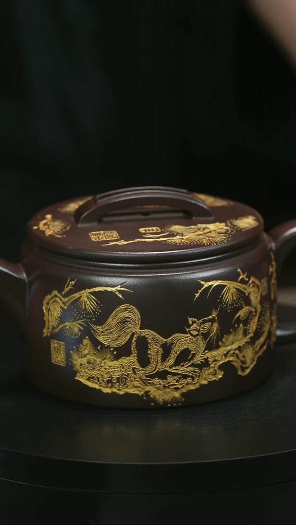 茶壶紫砂H1970李琴紫泥描金刻绘汉瓦