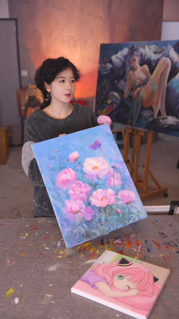 【闪购商品】油画粉色花花丙烯画纯手绘