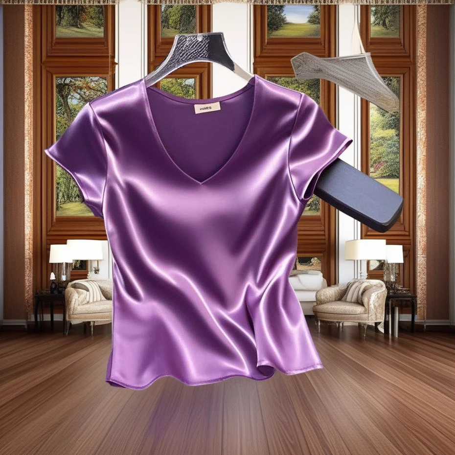 新款夏季欧货时尚气质洋气好看小众百搭V领醋酸T恤超美清凉感穿搭