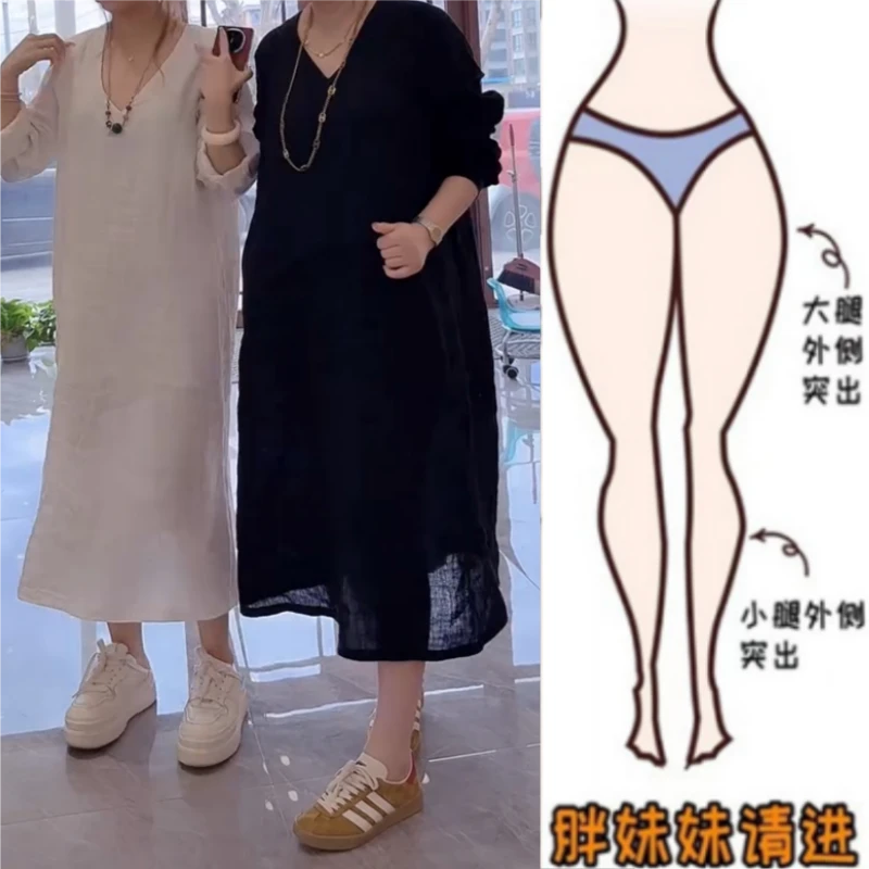 早秋新款薄款梨型身材V领宽松显瘦时尚长袖宽松A版亚麻连衣裙