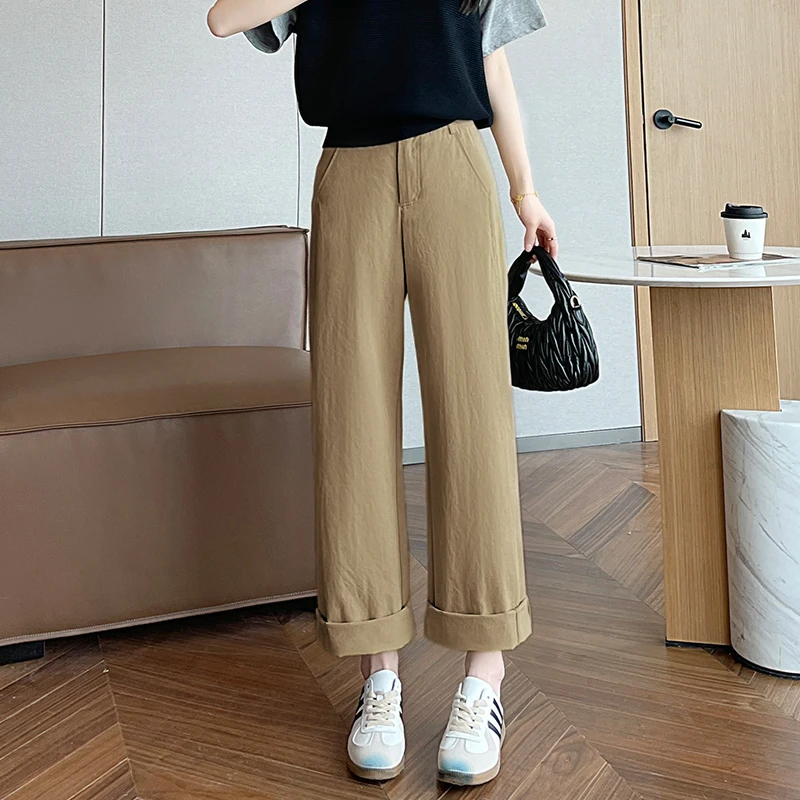 阔腿裤女2025秋季新款高腰卷边休闲裤子垂坠感高级感显瘦直筒长裤