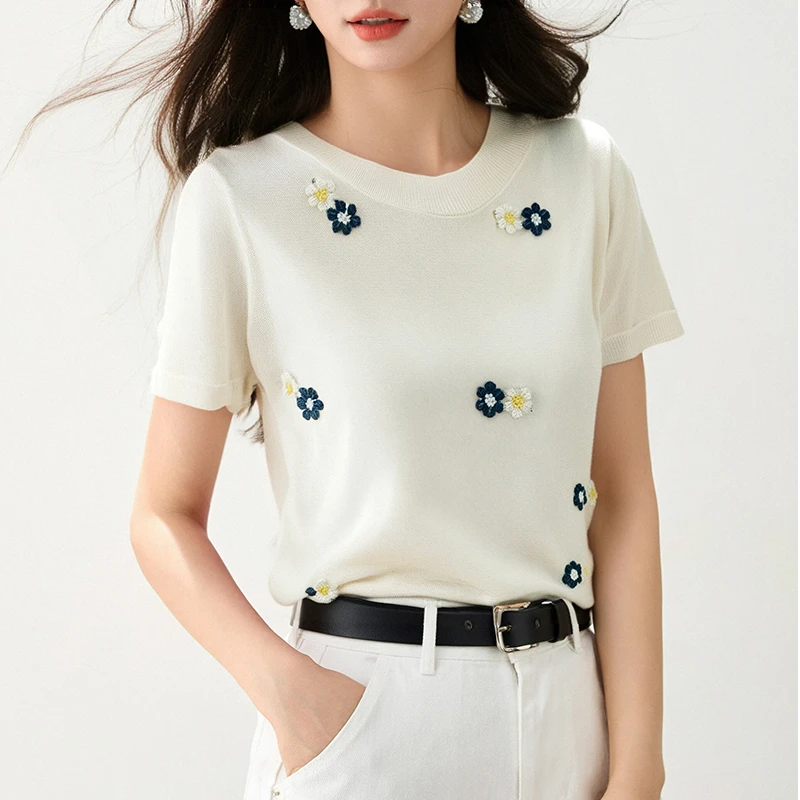 薄款短袖针织T恤女打底2025年夏季新款打底衫外穿立体花朵女装